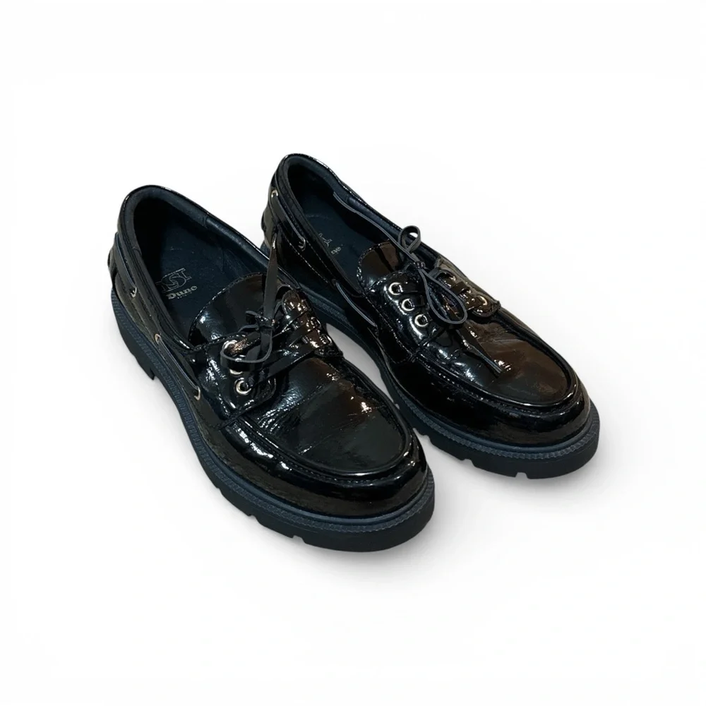 Dune London Patent Black Leather Cleated Boat Shoes - Size 7